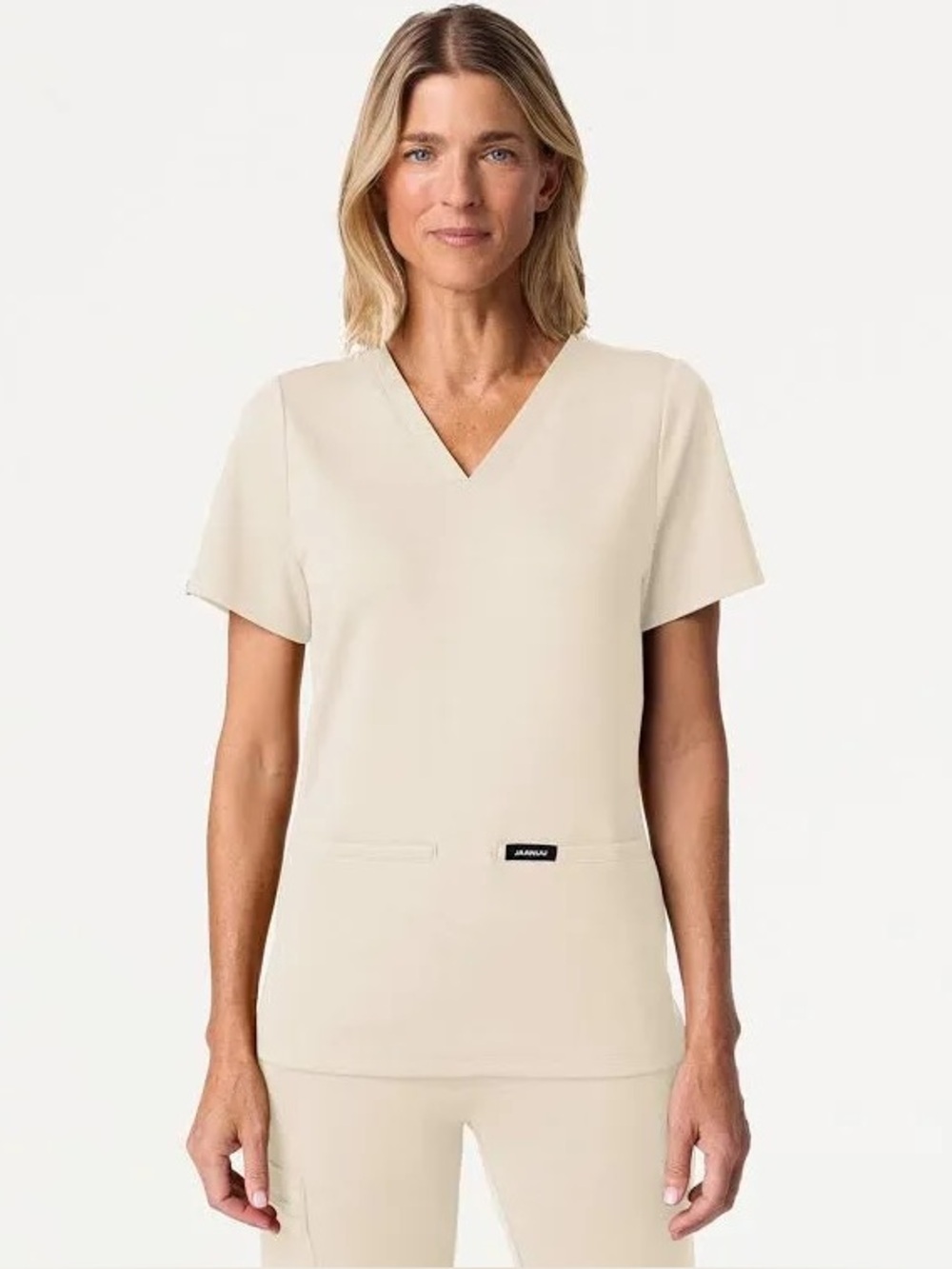 Jaanuu Cream V-Neck Short Sleeve Scrub Top